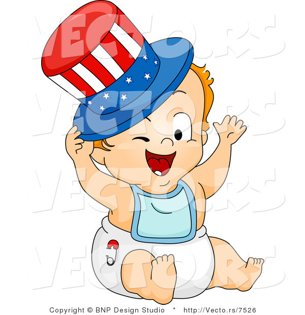 Cartoon Vector of Happy American Baby Wearing Red White and Blue Top Hat