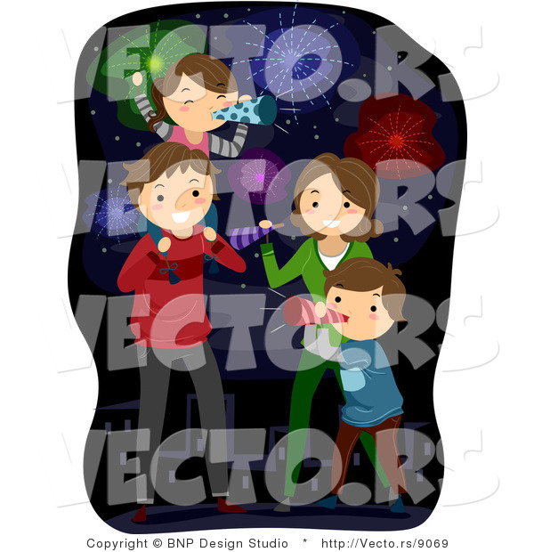 Cartoon Vector of Happy American Family Celebrating New Years or 4th of July