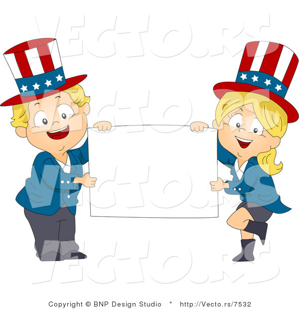 Cartoon Vector of Happy American Kids Holding a Blank Sign