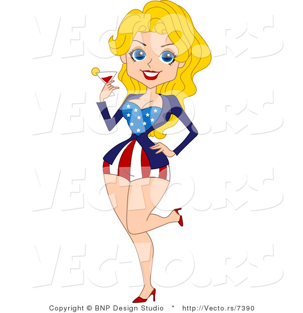 Cartoon Vector of Happy American Pinup Woman Holding Glass of Wine
