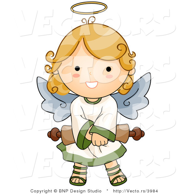 Cartoon Vector of Happy Angel Girl Holding Scroll