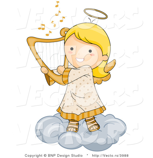 Cartoon Vector of Happy Angel Girl Playing Harp on a Cloud