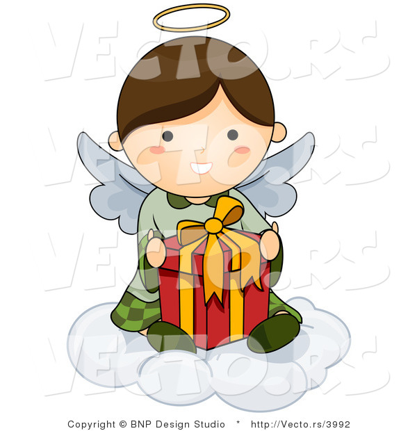 Cartoon Vector of Happy Angel Sitting on Cloud with Present