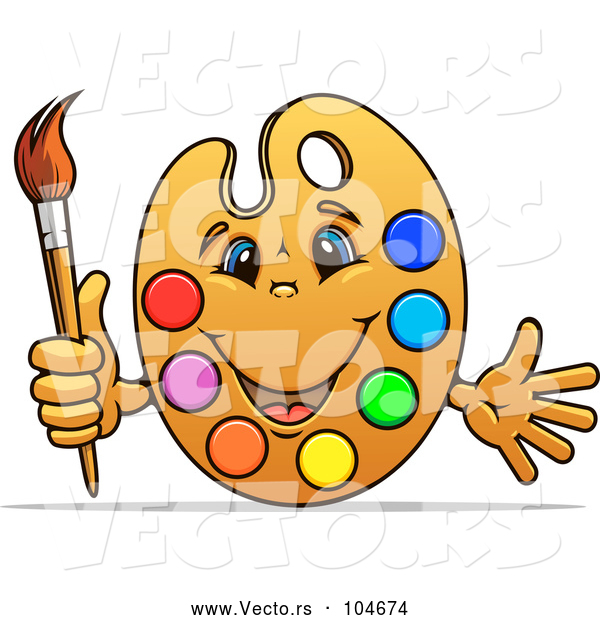 Cartoon Vector of Happy Art Palette Mascot with Paints and a Brush