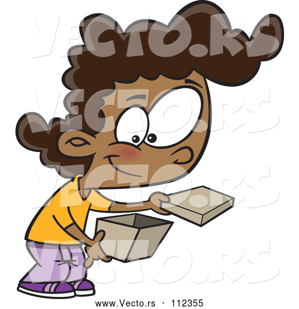 Cartoon Vector of Happy Black Girl Opening a Box