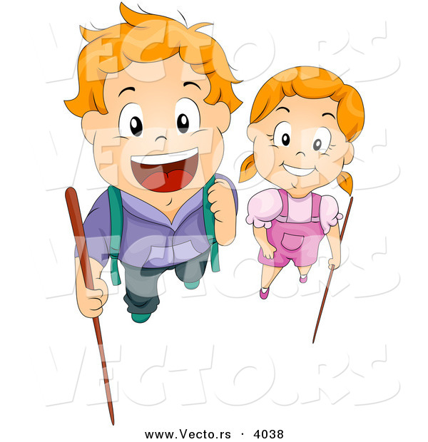 Cartoon Vector of Happy Boy and Girl with Hiking Sticks