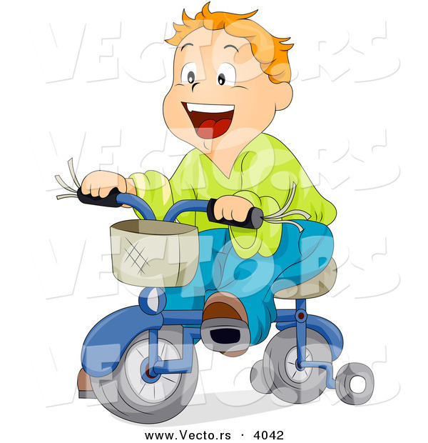 Cartoon Vector of Happy Boy Riding Bicycle with Training Wheels