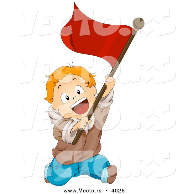 Cartoon Vector of Happy Boy Running with Red Flag