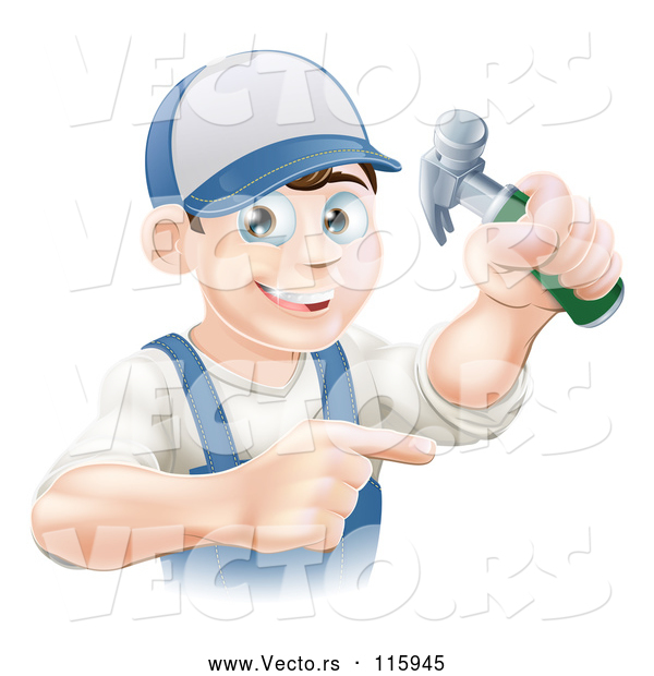 Cartoon Vector of Happy Brunette Caucasian Worker Man Holding a Hammer and Pointing