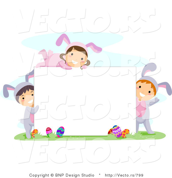 Cartoon Vector of Happy Children Surrounding a Blank Sign on Easter