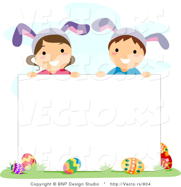 Cartoon Vector of Happy Children Wearing Bunny Ears Behind a Blank Sign