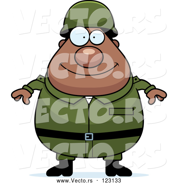Cartoon Vector of Happy Chubby Black Army Man