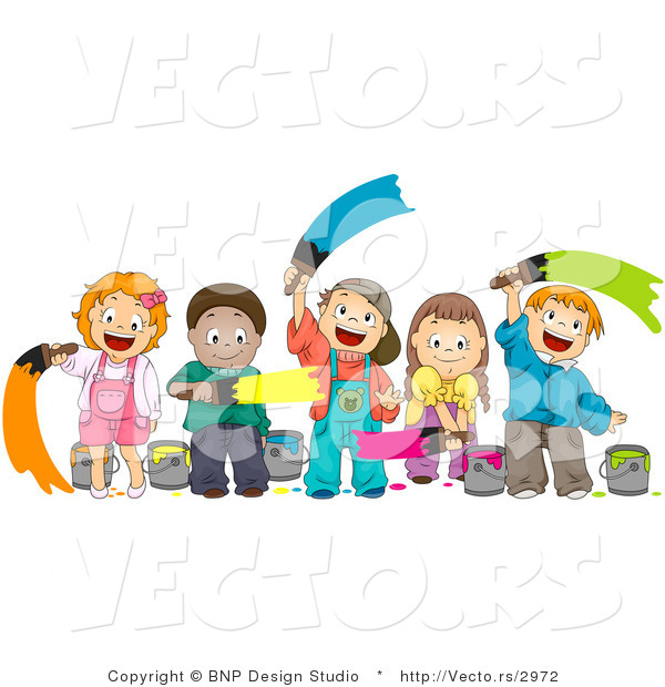 Cartoon Vector of Happy Diverse Kids Painting Together