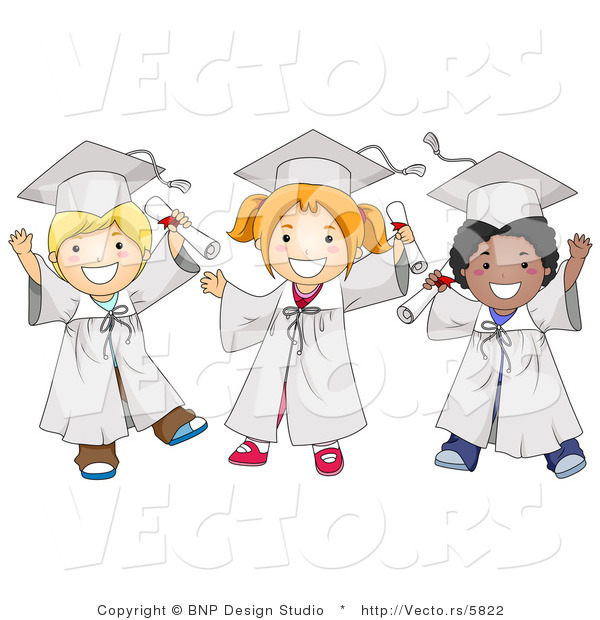 Cartoon Vector of Happy Diverse School Kids Wearing Graduation Caps and Gowns