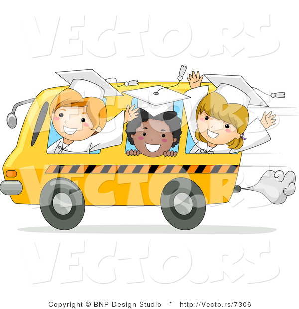Cartoon Vector of Happy Graduate Kids Riding a Bus for the Last Time