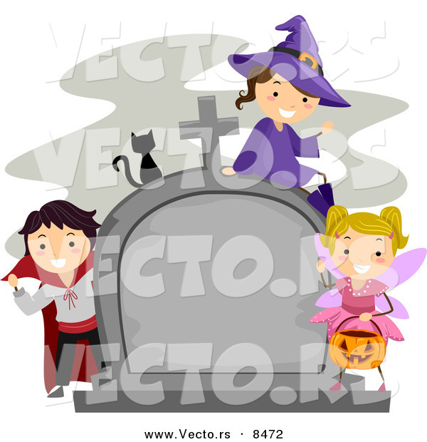 Cartoon Vector of Happy Halloween Kids and a Black Cat Around a Cemetary Tombstone