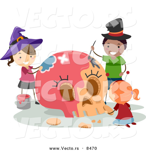 Cartoon Vector of Happy Halloween Kids Painting a Skull Pink