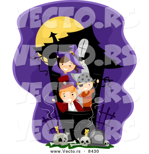 Cartoon Vector of Happy Halloween Kids Playing in a Haunted House