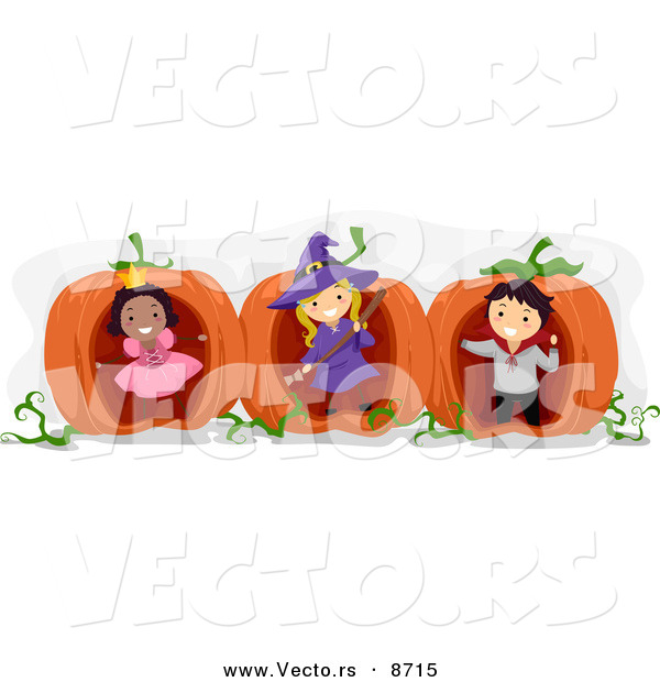 Cartoon Vector of Happy Halloween Kids Playing in Giant Pumpkins