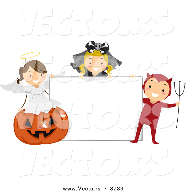 Cartoon Vector of Happy Halloween Kids with a Blank Sign