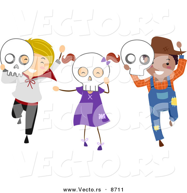 Cartoon Vector of Happy Halloween Kids with White Skull Masks