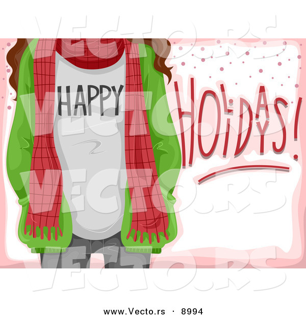 Cartoon Vector of Happy Holidays Girl with a Scarf over Pink Card