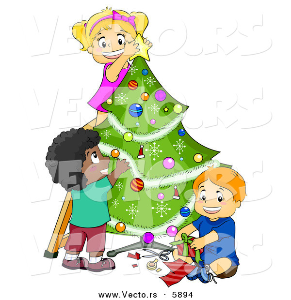 Cartoon Vector of Happy Kids Decorating a Christmas Tree Together