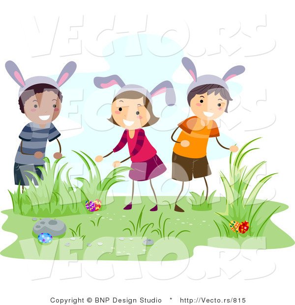 Cartoon Vector of Happy Kids Hunting for Hidden Easter Eggs
