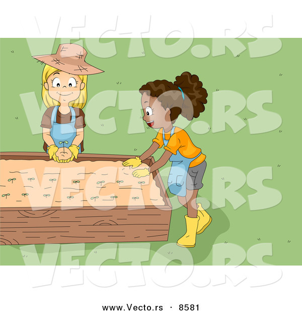 Cartoon Vector of Happy Kids Planting in a Raised Garden Bed