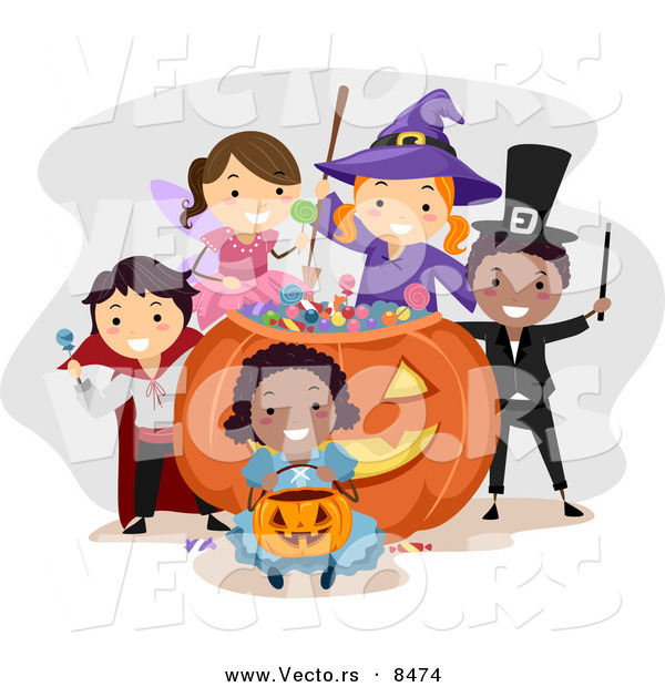 Cartoon Vector of Happy Kids Wearing Halloween Costumes Around a Giant Candy Pumpkin