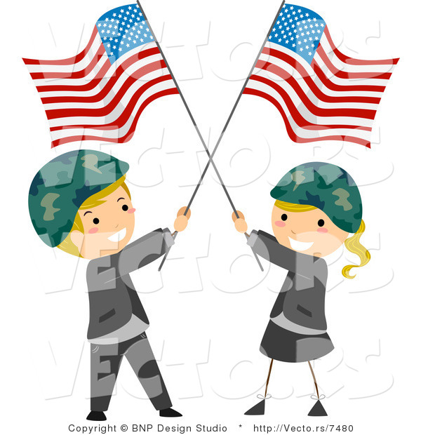 Cartoon Vector of Happy Memorial Day Kids Wearing Helmets and Holding American Flags