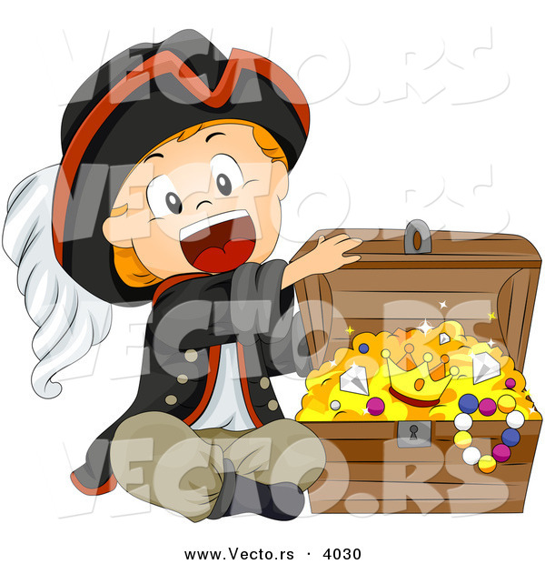 Cartoon Vector of Happy Pirate Boy Opening Treasure Chest Full of Gold and Jewels