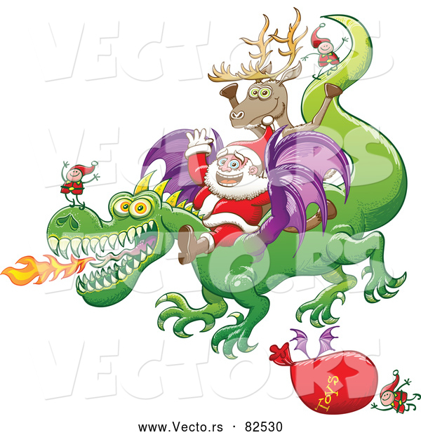 Cartoon Vector of Happy Santa Delivering Gifts by Dragon This Year