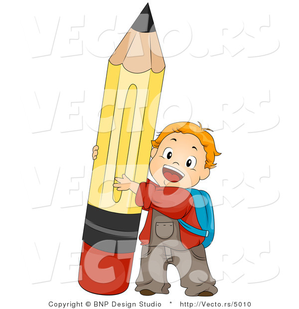 Cartoon Vector of Happy School Boy Hugging Big Pencil