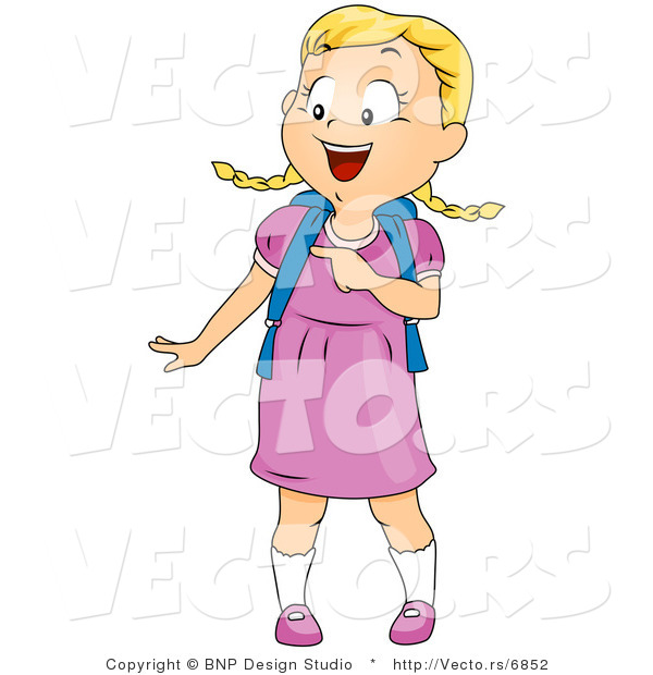 Cartoon Vector of Happy School Girl Pointing at Something