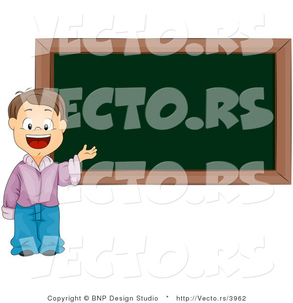 Cartoon Vector of Happy Smart School Boy Smiling in Front of Blank Chalk Board