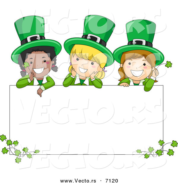 Cartoon Vector of Happy St. Patrick's Day Leprechaun Girls Standing Behind a Blank Sign with Clovers