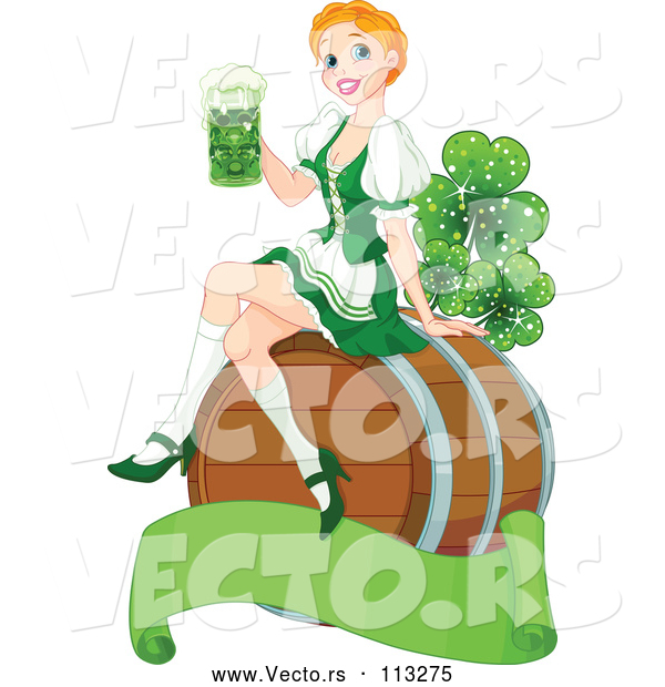 Cartoon Vector of Happy Strawberry Blond Beer Maiden Woman Sitting on a Keg Barrel and Holding a Cup of Green St Patricks Day Alcohol over a Blank Banner with Magical Shamrock Clovers