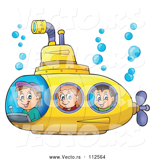 Cartoon Vector of Happy White Children in a Yellow Submarine