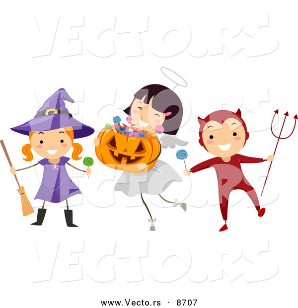 Cartoon Vector of Happy Witch, Angel, and Devil Kids Playing on Halloween