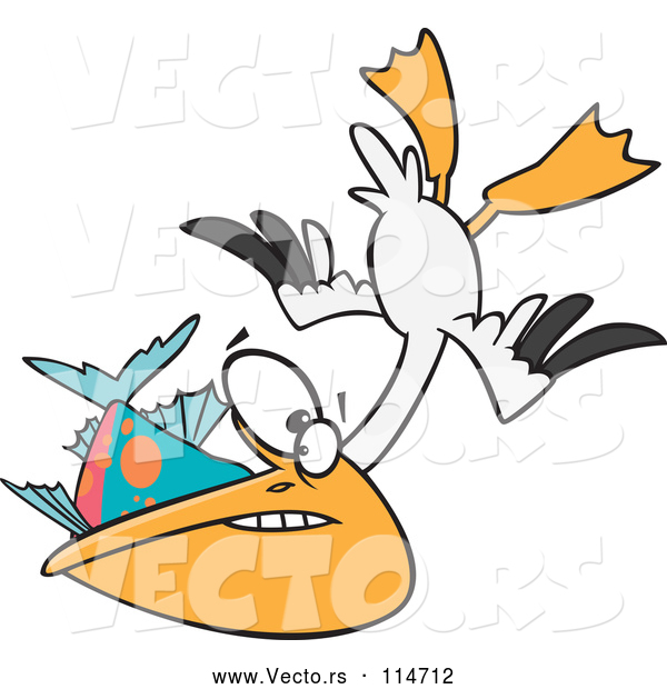 Cartoon Vector of Hungry Pelican Swooping up a Fish
