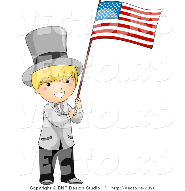 Cartoon Vector of Independence Day Boy Waving American USA Flag