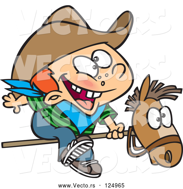 Cartoon Vector of Kid Cowboy Riding a Stick Pony