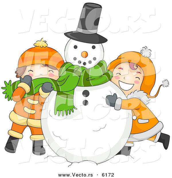 Cartoon Vector of Kids Hugging a Snowman on Christmas