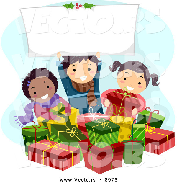 Cartoon Vector of Kids with Gifts, Holding a Blank Sign on Christmas
