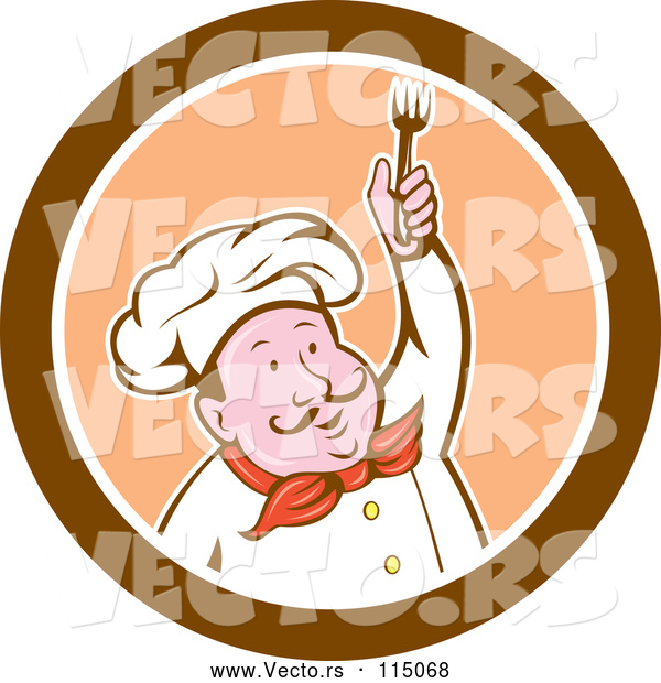 Cartoon Vector of Male Chef Holding up a Fork in a Brown Orange and White Circle