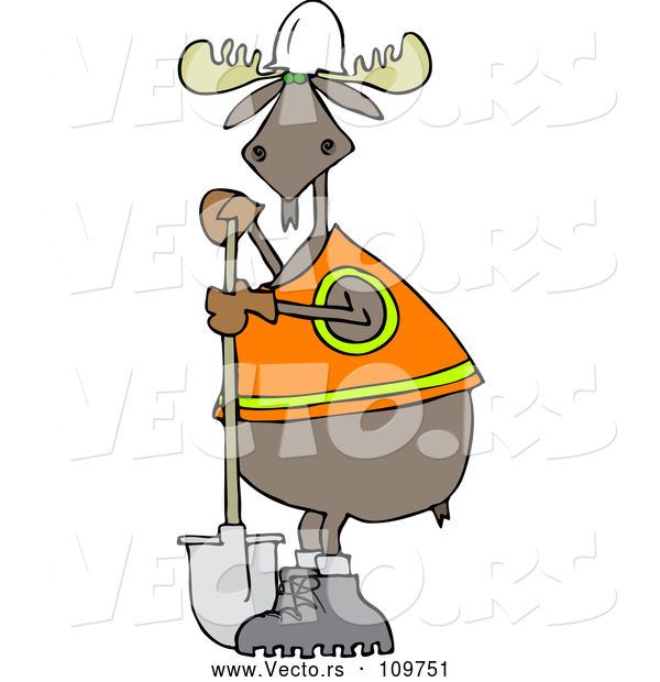 Cartoon Vector of Moose Contractor Holding a Shovel and Wearing a Safety Vest