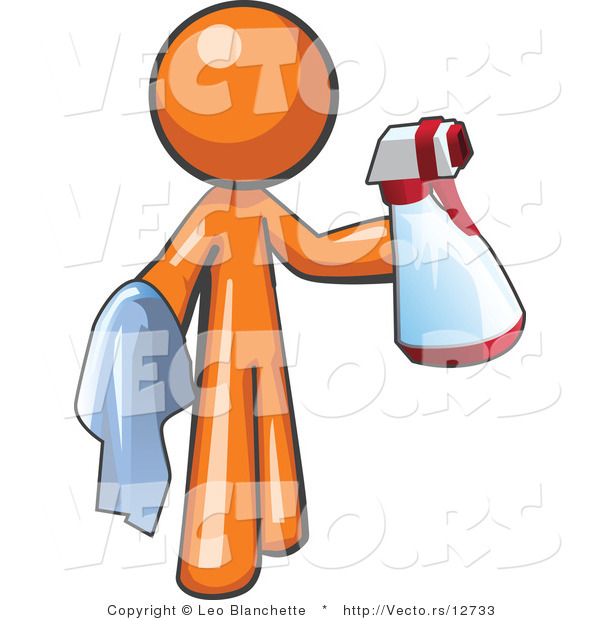 Cartoon Vector of Orange Guy Cleaning with a Spray Bottle and Cloth