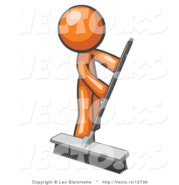 Cartoon Vector of Orange Guy Janitor Cleaning with a Push Broom