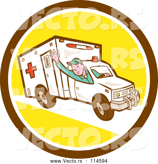 Cartoon Vector of Retro Ambulance Driver Waving in a Brown White and Yellow Circle